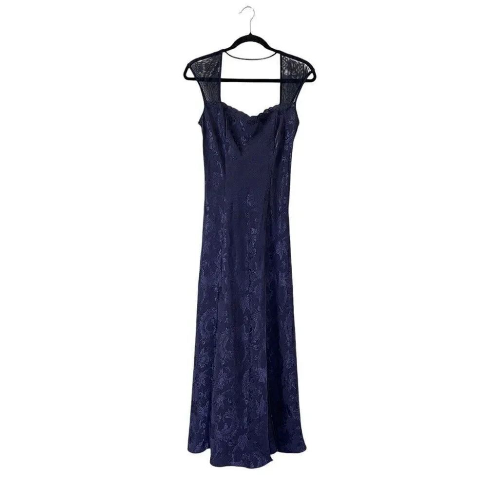 Vintage Gold Label Victoria’s Secret Navy Jacquard Satin Maxi Dress Goth Fairy M